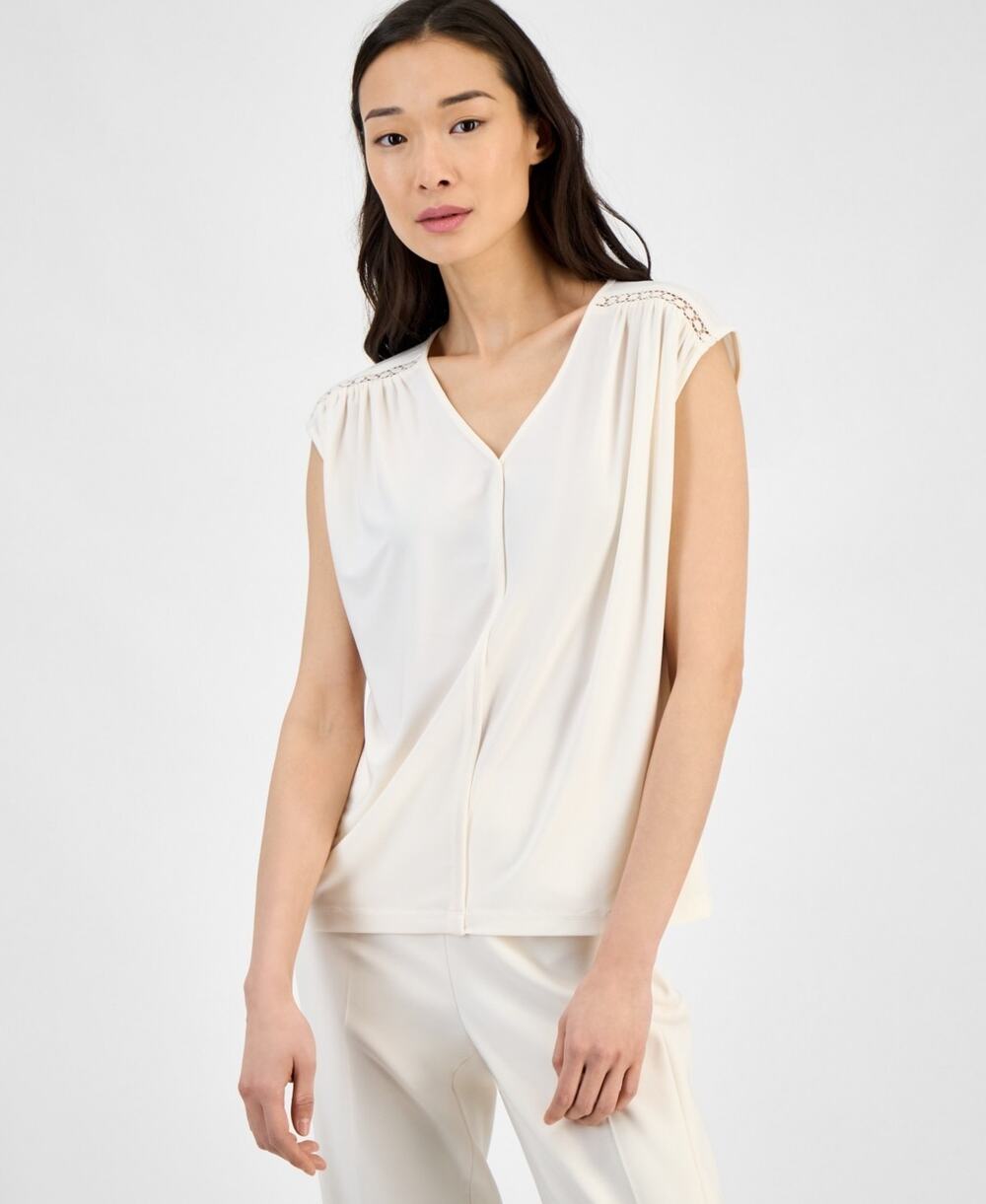 Anne Klein Women's Lace-Inset Extended-Shoulder V-Neck Top White Size XS 1935